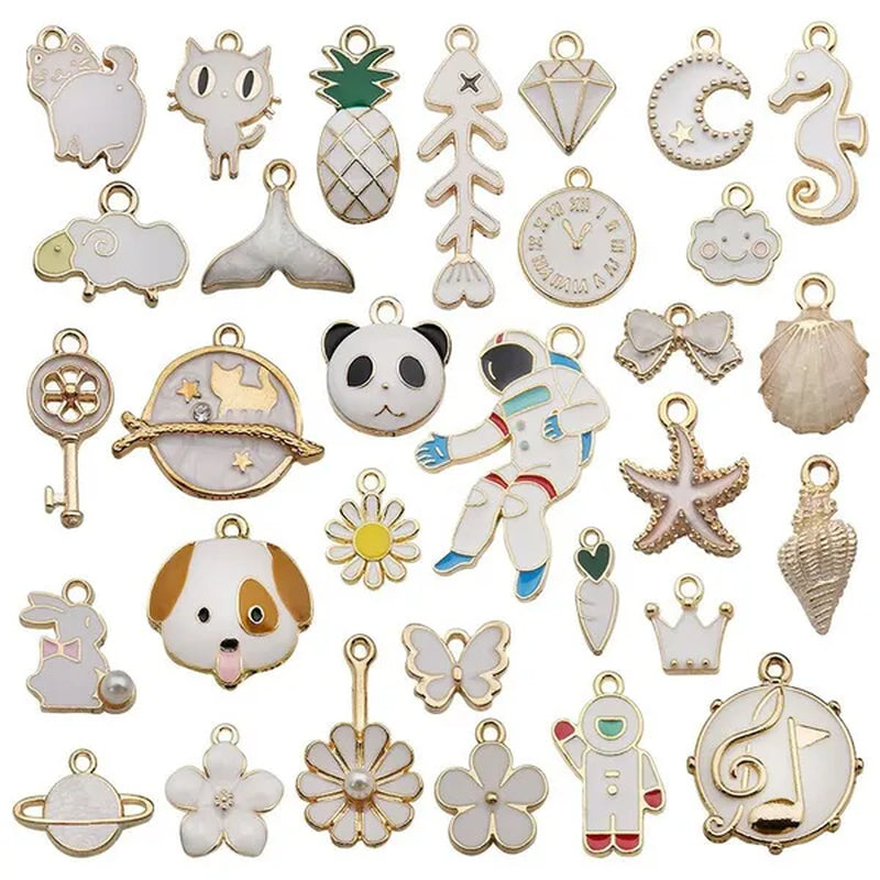 30pcs Mixed Pattern Pink Drop Oil  Fish Flower Horse Enamel Charm DIY Jewelry Bracelet Necklace Pendant Gold Tone Float Finding