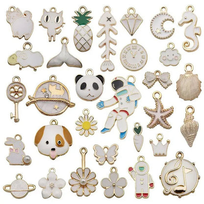 30pcs Mixed Pattern Pink Drop Oil  Fish Flower Horse Enamel Charm DIY Jewelry Bracelet Necklace Pendant Gold Tone Float Finding