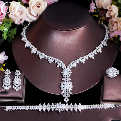 CANDICE High Quality White Gold Plated AAA CZ Women Long Pendant Necklace Earrings Ring Bracelet 4pcs Jewelry Set for Deep V Wedding Party Dress Accessories