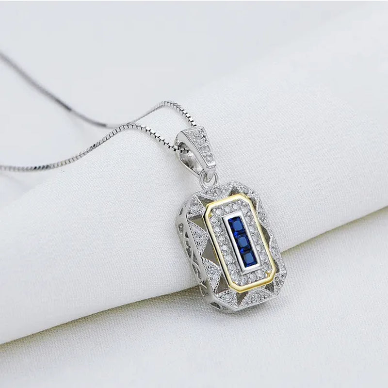 0.50 Ct Blue Sapphire White CZ 925 Sterling Silver Yellow Pendant Chain Necklace