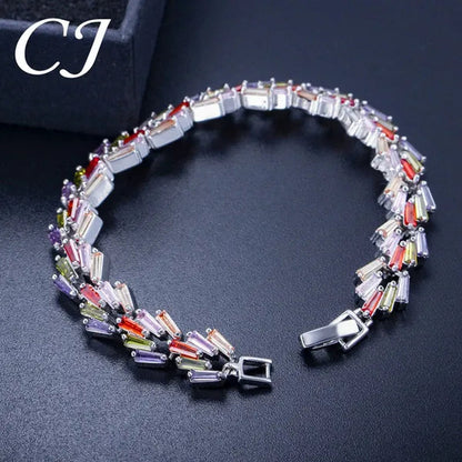 CANDICE New Trendy Sterling Silver Hand Bangle Jewelry Noble Rectangle Purple Crystal Women Tennis Bracelets With White Zirconia