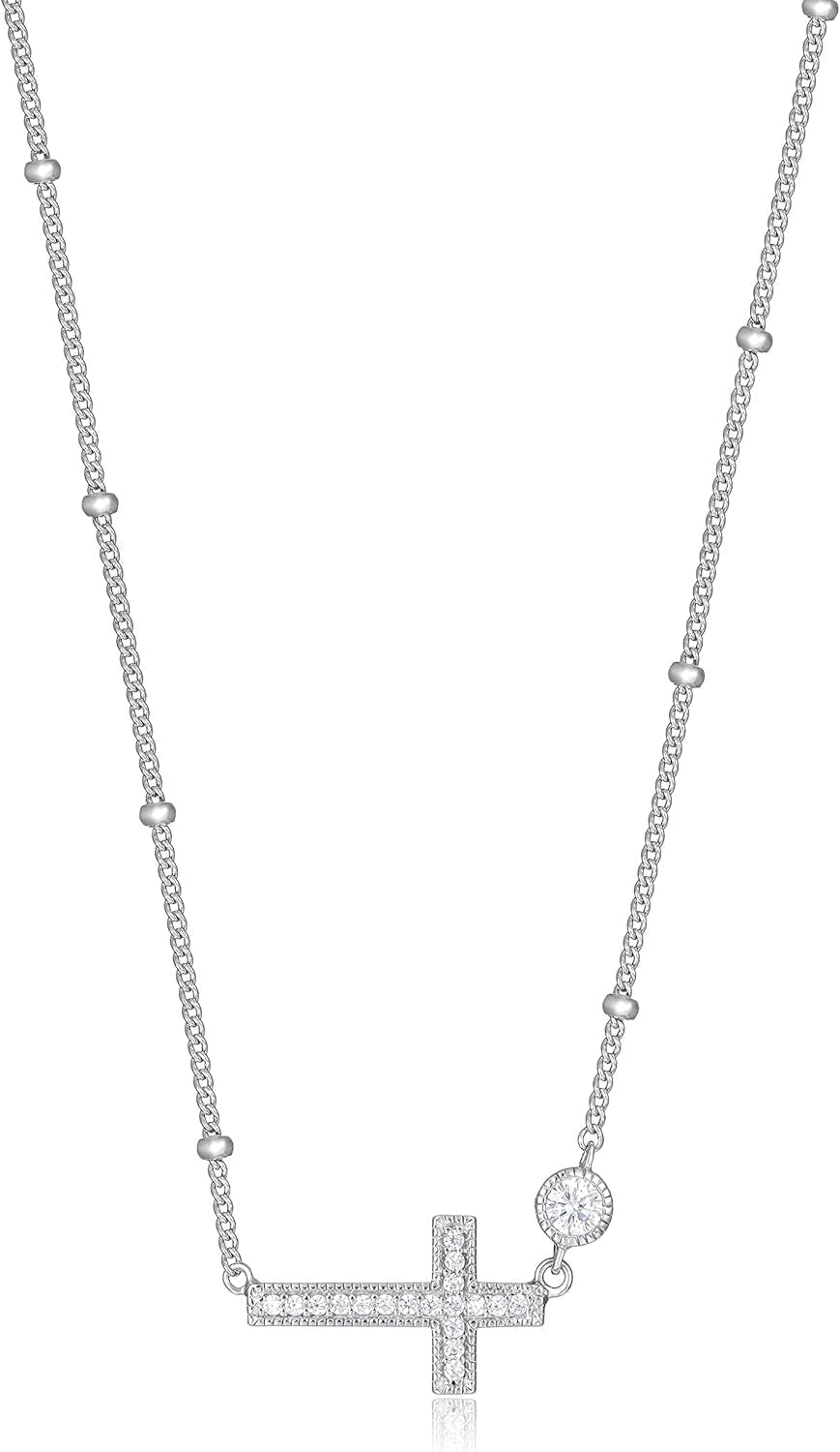 .925 Sterling Silver Rhodium Plated Cubic Zirconia Sideways Cross Sterling Silver Necklace for Women - Faith Dainty Jewelry Choker Cross Necklace for Women, Adjustable Chain 16 Inch