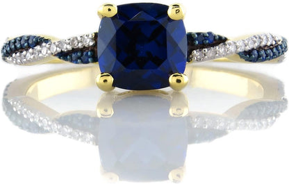 6 MM Cushion Lab Created Blue Sapphire with round Blue Sapphire & Diamond Ladies Engagement Ring | 10K Yellow Gold, Size 7