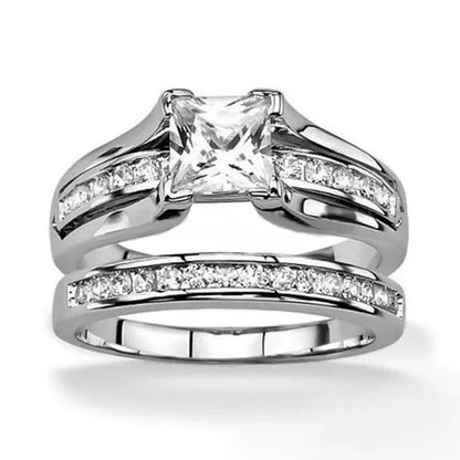 His and Hers Stainless Steel Princess Wedding Ring Set and Zirconia Wedding Band