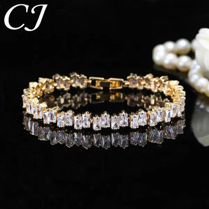 CANDICE Hottest Yellow Gold Plated Tennis Bracelet for Women Shiny Baguette Cubic Zircon Setting Gorgeous Party Jewelry Accessories