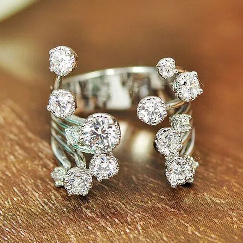 Gorgeous Silver Crown Natural Gemstones White Sapphire Birthstone Bride Wedding Engagement Multilayer Rose Flower Ring Size 6 7 8 9 10