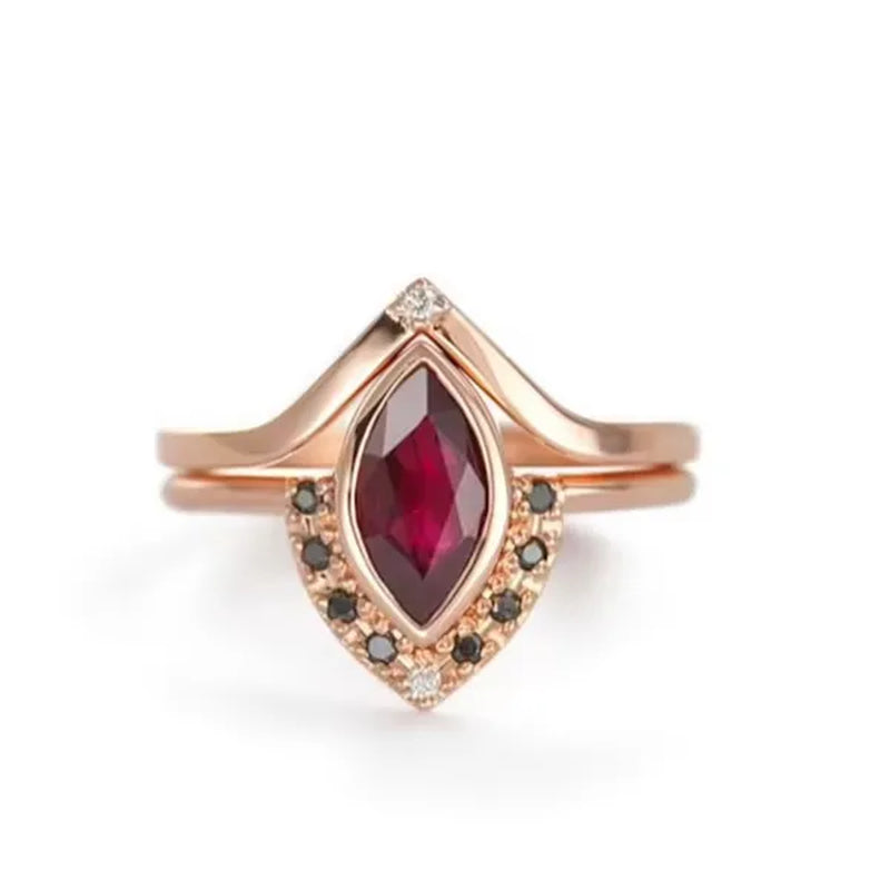 Unique Natural Rhombus 2 in 1 Ruby Engagement Ring Marquise Bridal Wedding Ring with Black Diamonds Women Ruby Ring Diamond Fine Jewelry Set （Size 5-11）