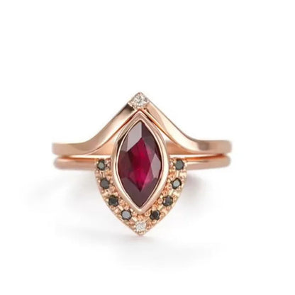 Unique Natural Rhombus 2 in 1 Ruby Engagement Ring Marquise Bridal Wedding Ring with Black Diamonds Women Ruby Ring Diamond Fine Jewelry Set （Size 5-11）