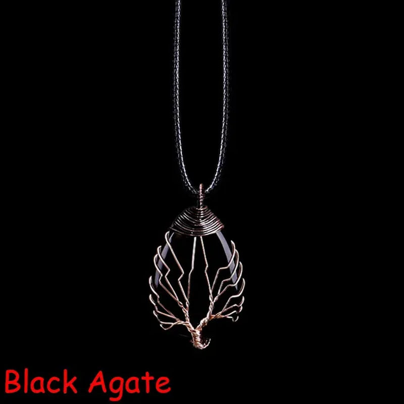 Vintage Natural Gemtone Crystal Amethyst Rose Quartz Tiger Eye Stone Water Drop Tree of Life Pendant Necklace for Women Men Jewelry