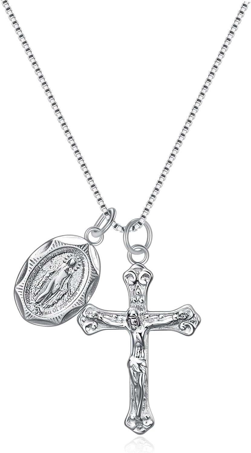 925 Sterling Silver Crucifix Cross and Miraculous Medal Pendant Necklace for Women