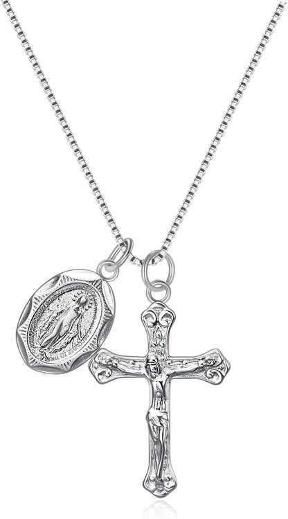 925 Sterling Silver Crucifix Cross and Miraculous Medal Pendant Necklace for Women