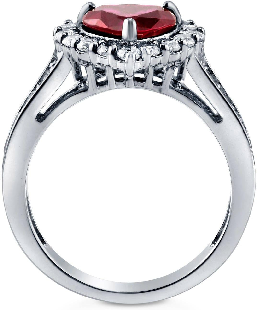 Sterling Silver Halo Wedding Engagement Rings Simulated Ruby Cubic Zirconia CZ Heart Cocktail Ring for Women, Rhodium Plated Size 4-10