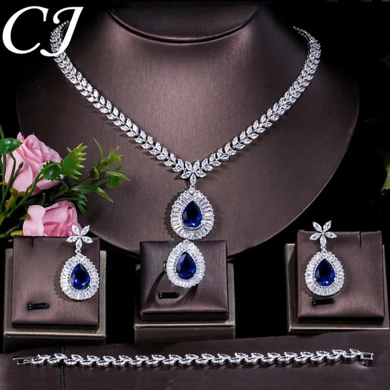 CANDICE Luxurious CZ Wedding 4 Pcs Set for Bridal Sparkling Water Drop Blue Zirconia White Gold Plated Necklace Earrings Bracelet Ring Sets