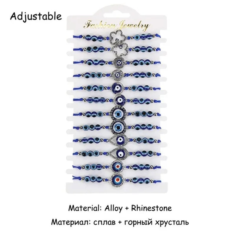 12 Pcs/Set Bohemian Handmade Braided Rope Charm Bracelets Rhinestone Blue round Beads Evil Eye Bracelet for Women Men Friendship Jewelry Gifts