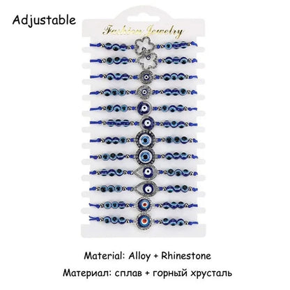 12 Pcs/Set Bohemian Handmade Braided Rope Charm Bracelets Rhinestone Blue round Beads Evil Eye Bracelet for Women Men Friendship Jewelry Gifts