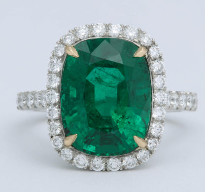 GIA Certified 5 Carat Green Emerald Cushion Cut Diamond Halo Ring