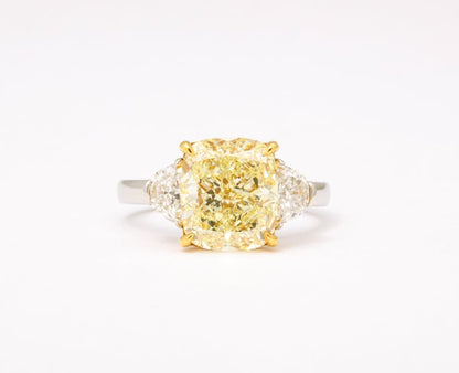 GIA Certified 5 Carat Fancy Light Yellow Cushion Cut Diamond Ring
