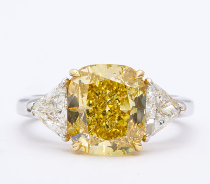 GIA Certified 4 Carat Fancy Intense Yellow Diamond Platinum Ring