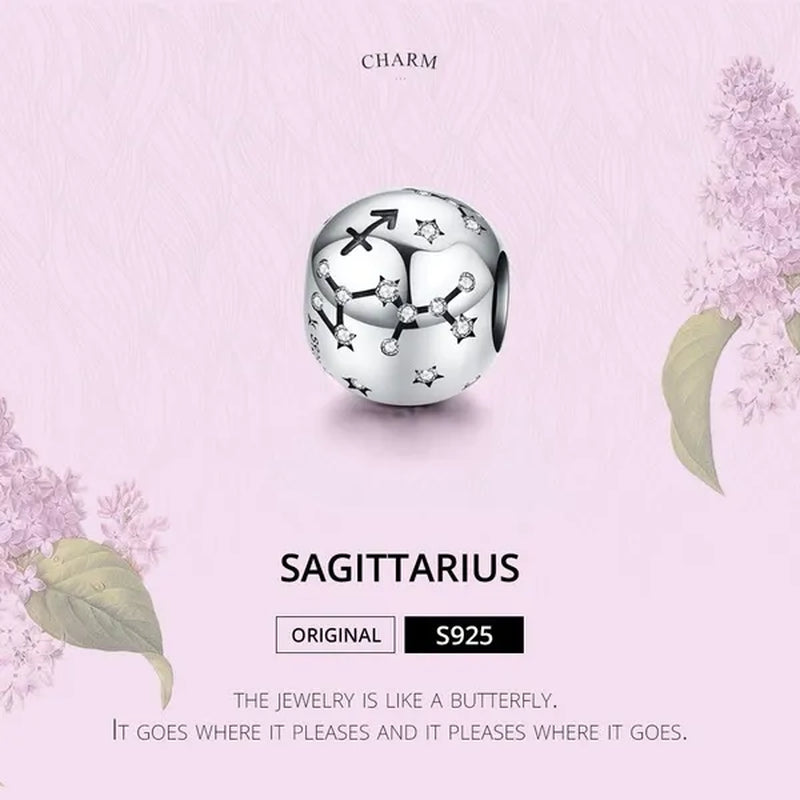 European Hot 12 Constellation Zodiac Round 925 Sterling Silver Beads Charm for Women Bracelet  Shining CZ Charm Fit Original Bangle Necklace DIY Jewelry Making