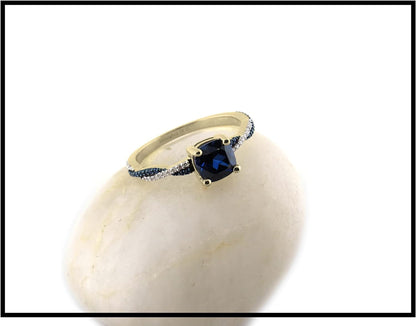 6 MM Cushion Lab Created Blue Sapphire with round Blue Sapphire & Diamond Ladies Engagement Ring | 10K Yellow Gold, Size 7