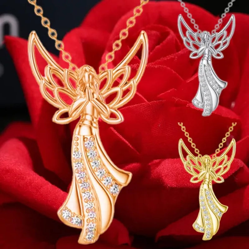 Exquisite Fashion Creative Women Angel Wings Diamond Necklace Holy Faith Angel Princess Pendant Engagement Necklace Women Diamond Jewelry Birthday Party Anniversary Gift Christmas Gift Jewelry Necklace
