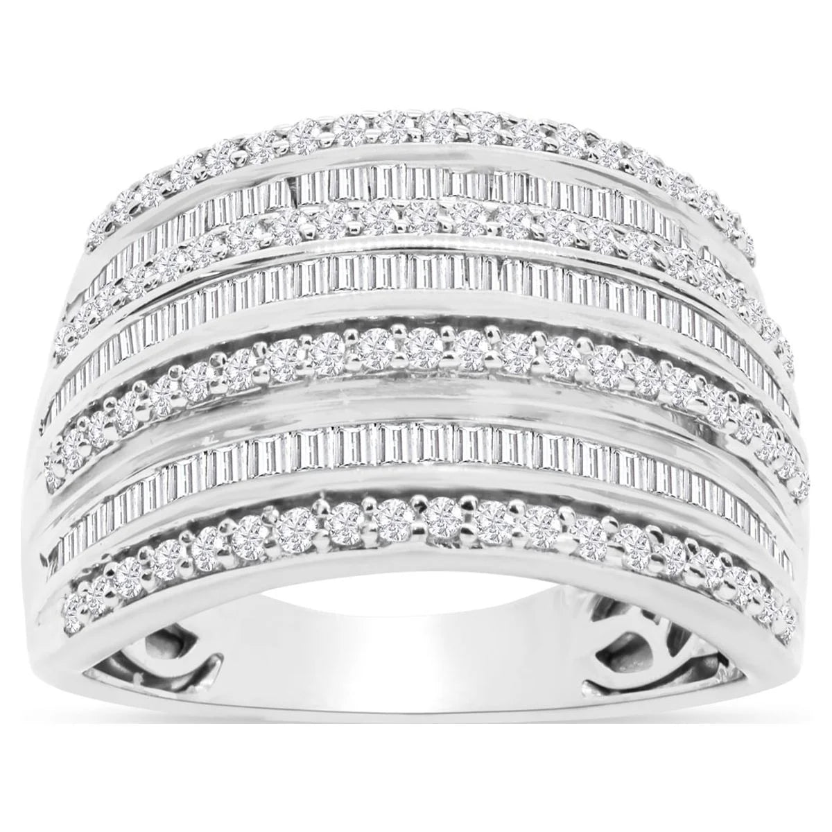 1 Carat Baguette and round Colorless Diamond Band Ring in Sterling Silver for Women