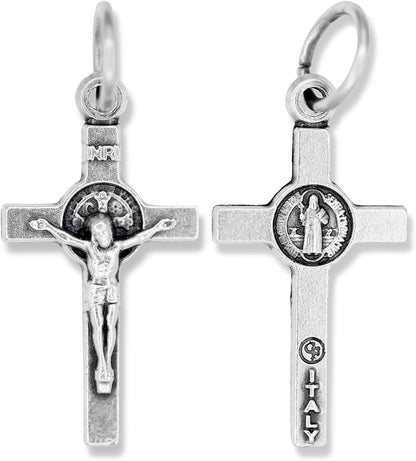 Silver Oxidized Italian Crucifix and Mary Mini Miraculous Medal Necklace on 16" Stainless Steel Chain - Jesus Mary Chain Catholic Necklace for Women, Couples Necklace, Unisex Religious Medal Necklace