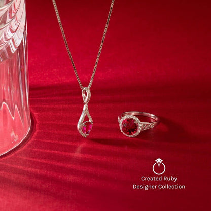 14K White Gold 4.06 Carats Created Ruby and Genuine Diamond Pendant, AAA Grade Radiant Cut Solitaire