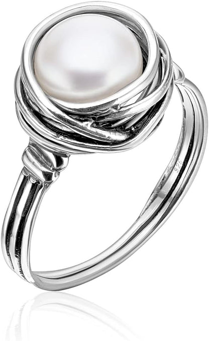 925 Sterling Silver Ring with Fresh Water Pearl Wire Wrap Vintage Design - Hypoallergenic, Nickel & Lead-Free - Artisan Handcrafted Statement Rings for Women