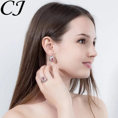 CANDICE Elegant Stamp Sterling Silver Plated Women Jewelry Set Pear Drop Red Cubic Zirconia Necklace Earring Ring 3Pcs Sets