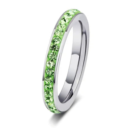 4MM Stackable Stainless Steel Eternity Plain Band Ring Men Women Drop Oil Green CZ Inlay Cubic Zircon Filled Crystals Birthstones Wedding Engagement Anniversary Valentine Cocktail Birthday Gift  Size 6, 7,8,9,10,11,12