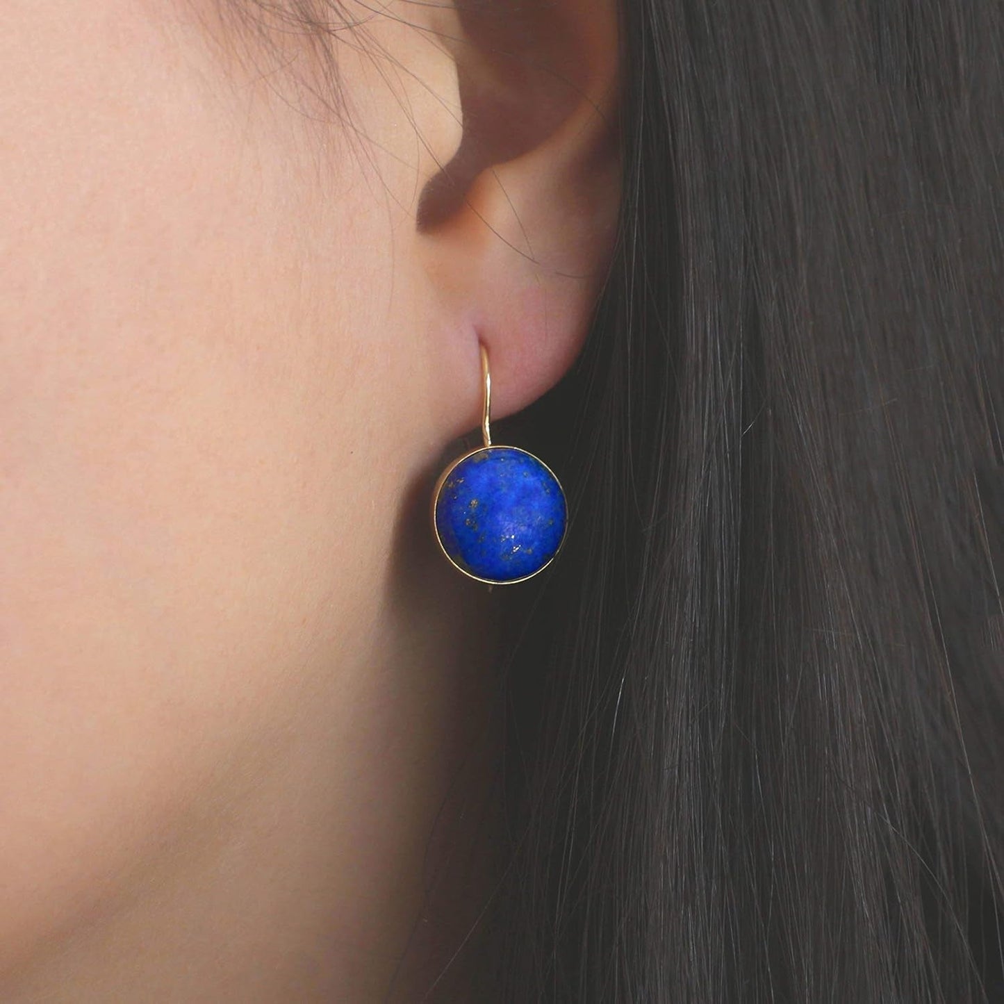 14K Gold Blue Lapis Lazuli Earrings - 14K Solid Yellow Gold Drop Earrings, 12Mm Natural Stone - December Libra Birthstone, Genuine Dark Blue Gemstone, Minimalist Handmade Jewelry Statement Earrings