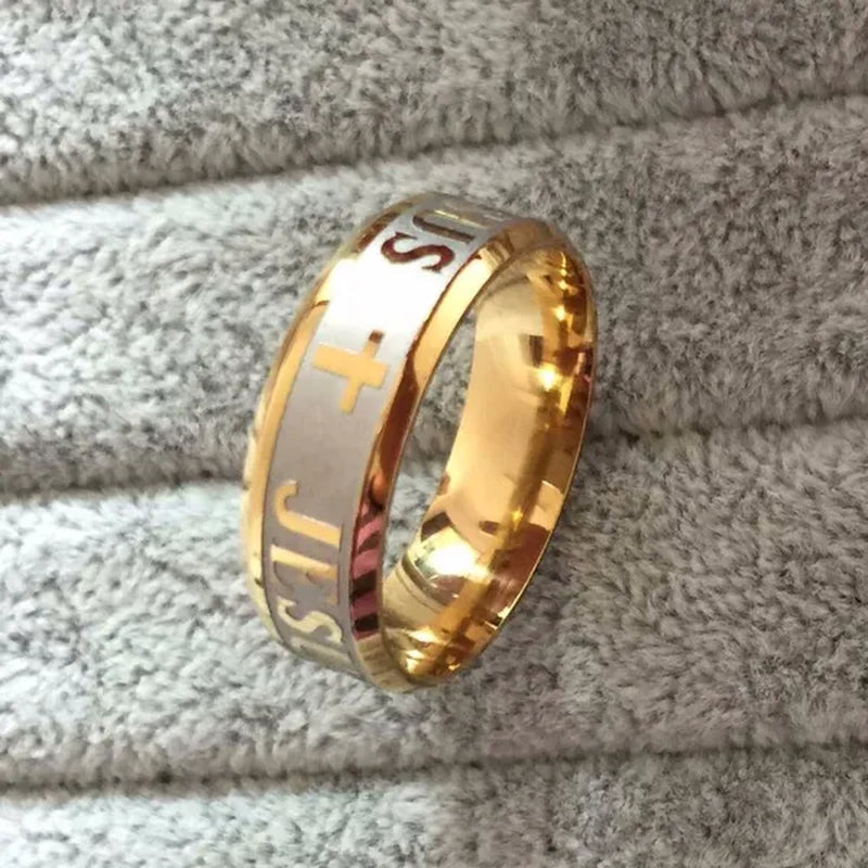 High quality large size 8mm 316 Titanium Steel 18K silver gold plated jesus cross Letter bible wedding band ring men women