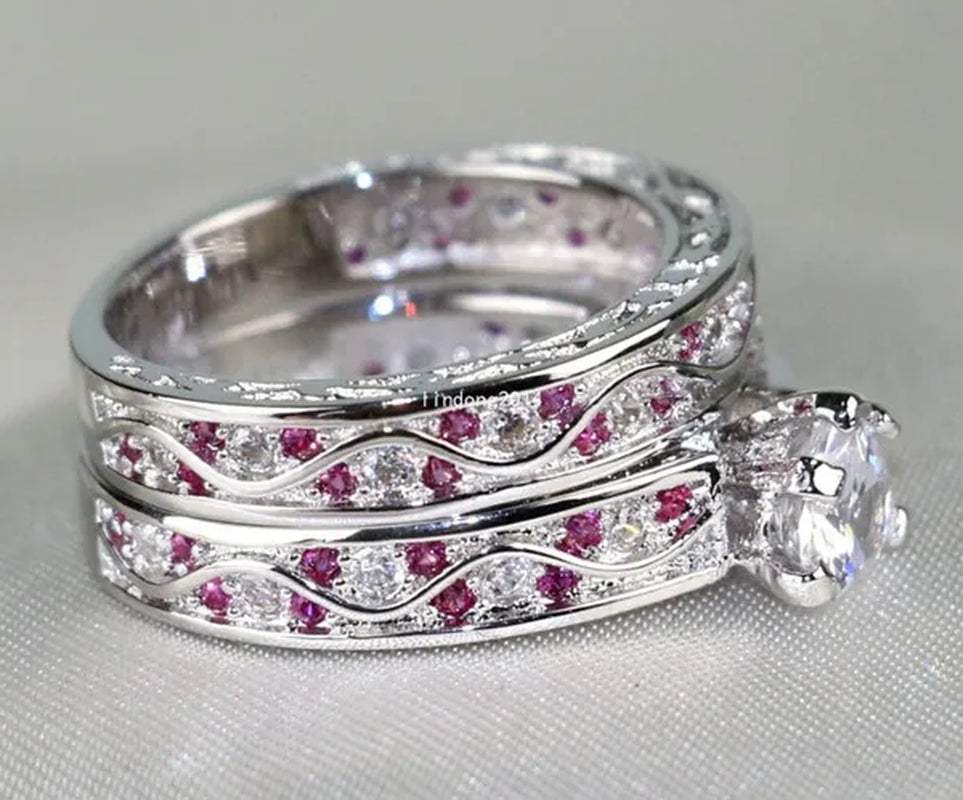 Heart 1Ct CZ Ruby 10KT White Gold Filled Claddagh Ring Sets Women'S Wedding Ring Sz6-9