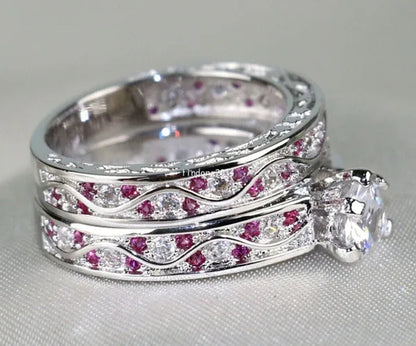 Heart 1Ct CZ Ruby 10KT White Gold Filled Claddagh Ring Sets Women'S Wedding Ring Sz6-9