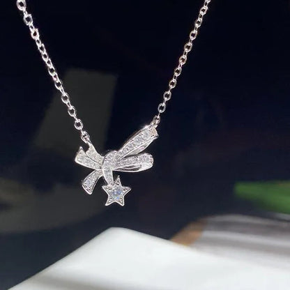 4Pcs/Set High Quality S925 Stamp Sterling Silver Post Bow with Star Pentagram Micro Inlaid Sparkling Cubic Zirconia Jewelry Set Earrings Pendant Necklace Open End Ring for Women Lovely Girl Birthday Party Anniversary Gift