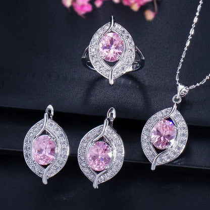 Gloriya Designer Silver Plated Jewelry Sets Inlaid Oval Red CZ Teardrop Pendant Necklace Earrings and Ring Set for Lady Fashion