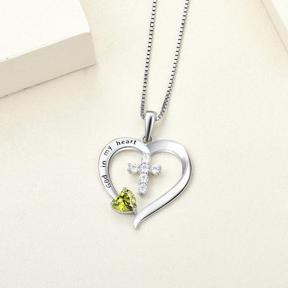 Women'S Heart Cross Necklace 925 Sterling Silver Birthstone Pendant God in My Heart Jewelry