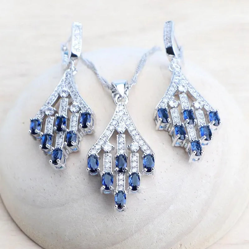 Blue/Red/Green/Purple Zircon 925 Silver Jewelry Set For Women