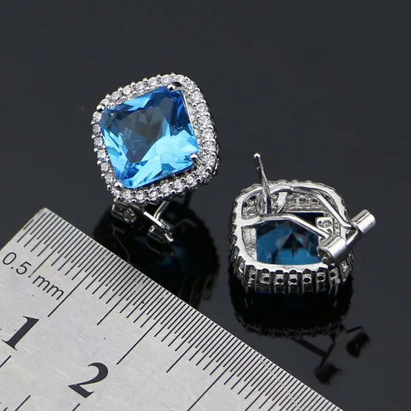 Sky Blue Sapphire White Topaz 925 Silver Jewelry Sets Earrings Pendant Necklace Ring Bracelet for Women Wedding