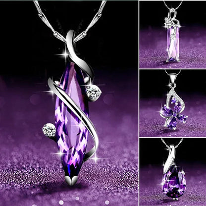 4 Styles High Quality New Arriving Women Charm Crystal Amethyst Diamond Pendant Necklace Exquisite Engagement Wedding Anniversary AAA Zircon Necklace Jewelry for Girlfriend Valentines Day Gifts