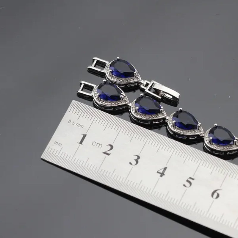 Blue Zircon With White Topaz Crystal Water Drop Shaped Silver Jewelry Sets Necklace Pendant Earring Ring Bracelet For Women