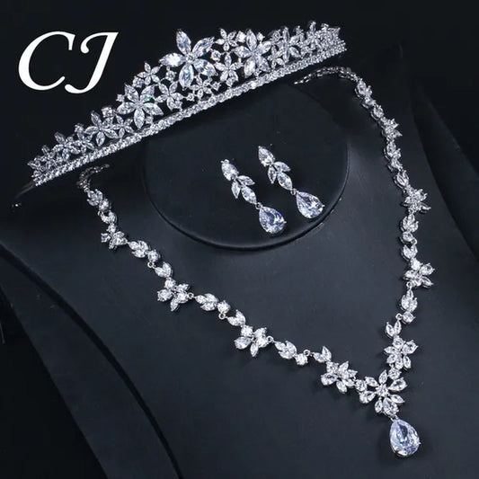 CANDICE Luxurious Classy White Gold Plating Bridal Crown Tiara Necklace Earrings Sets Pave Water Drop Cubic Zirconia Wedding Jewelry Set for Brides