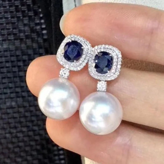 Elegant Temperament Female Earrings Blue Sapphire Pearl Drop Earrings Bridal Wedding Fine Earrings Jewelry