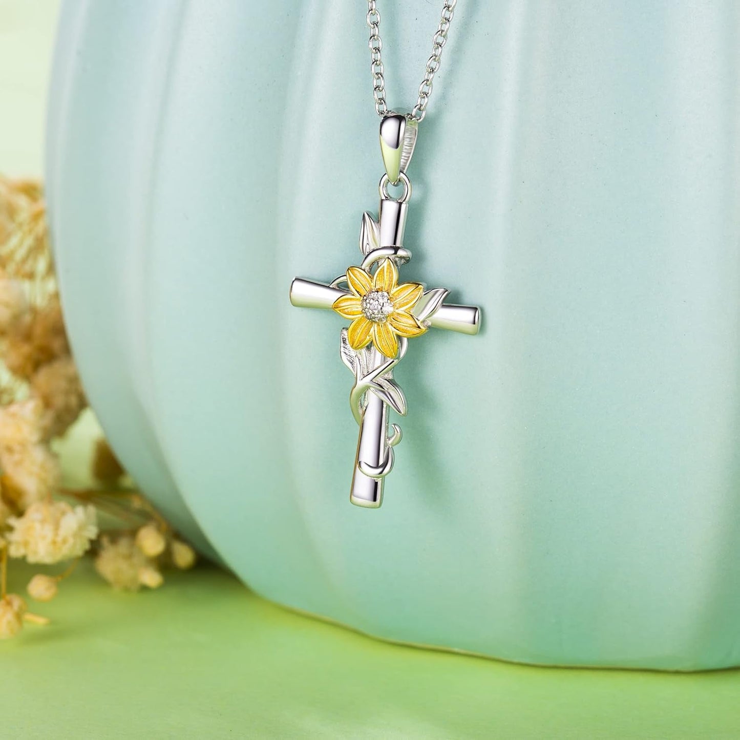Cross Necklace for Women Sunflower Cross Necklace 925 Sterling Silver Dainty Sunshine Pendant for Women Mom Sunflower Gifts for Women