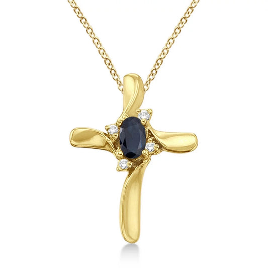Blue Sapphire and Diamond Cross Necklace Pendant 14K Yellow Gold