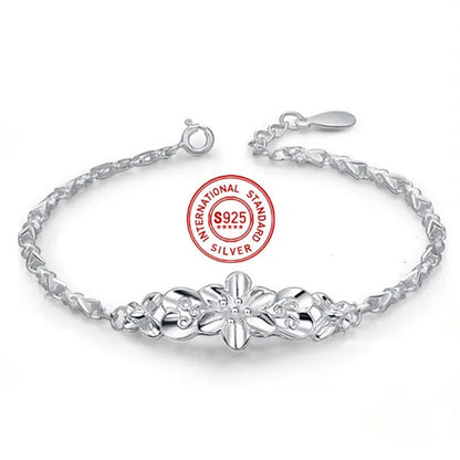 Fashion Beautiful 925 Sterling Silver Solid Flower Bracelet for Women Chain Charm Classic Wedding Jewelry Gift