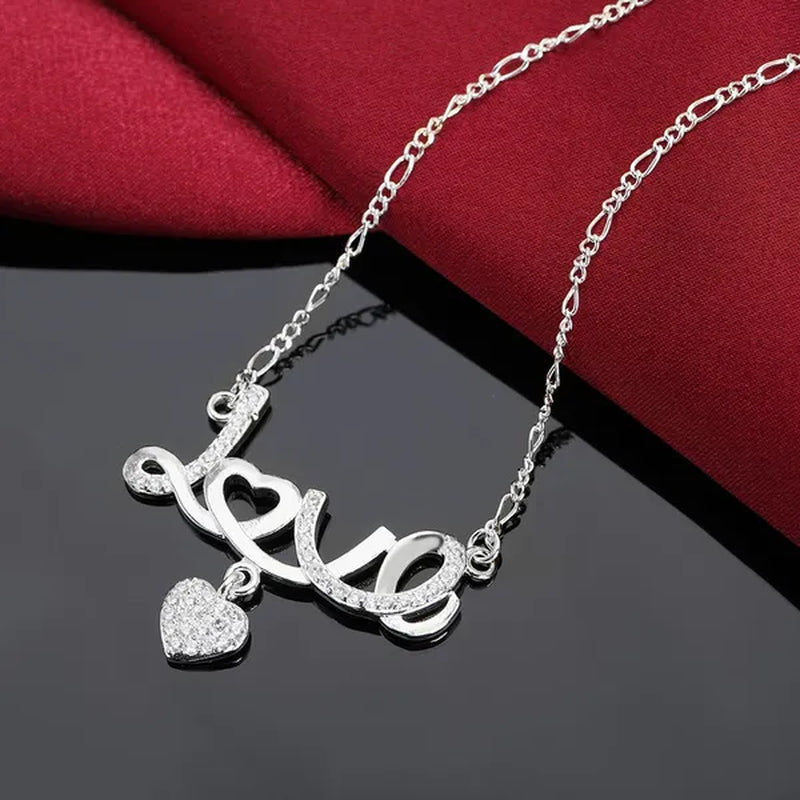 Pretty Women's 925 Sterling Silver Heart Beautiful LOVE Pendant Diamonds Necklace(with Chain)