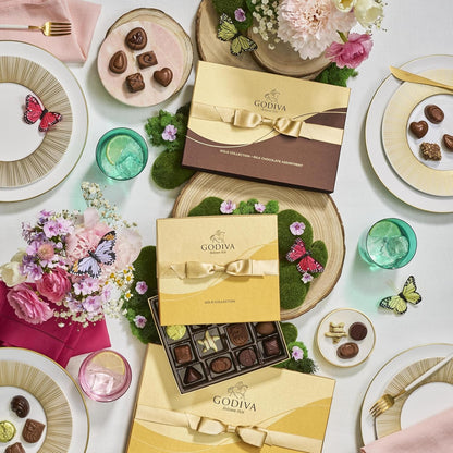 Chocolate Gift Box for Birthday, Thank You, Anniversary, Gift Basket Gold Ribbon Gourmet Nuts Dark and Milk Chocolate Candy Assortment with Praline and Caramel, 18Pc