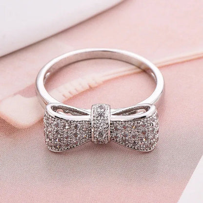 Delysia King Women's Fashion Bow Natural Gemstone White Sapphire Birthstone Bride Princess Engagement Ring Size 5 6 7 8 9 10 11